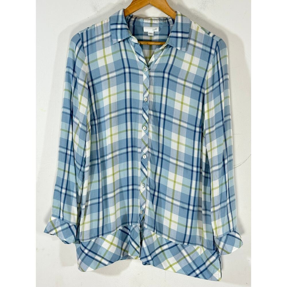 J.Jill Petite Button-Front‎ Tunic Teal Blue Plaid Top Womans PM casual coastal